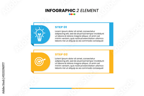 Two-step infographic with icons: Step 1 (idea) and Step 2 (goal), showing a simple process from concept to target. Placeholder text included
