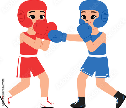 energetic boy character in boxing match, children athletic with boxing protection, game day, sport competition illustration