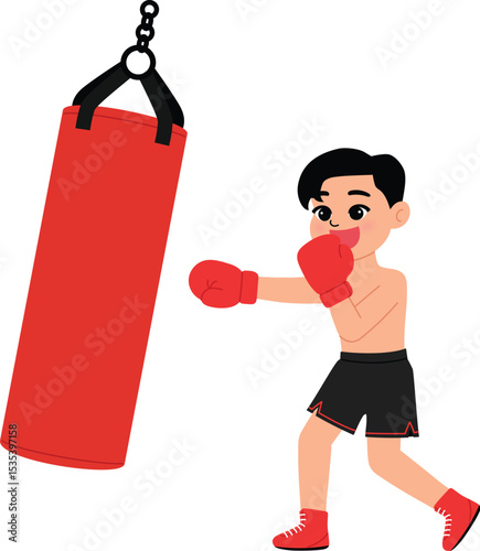 energetic boy character practice with punching sandbag, children athletic training for boxing match, game day, sport competition illustration