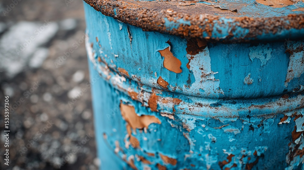 Obraz premium Macro close-up of a corroded chemical waste barrel with peeling blue paint, rust patches, and leaking stains on ground, photographed at ground level with soft daylight, 100% realistic