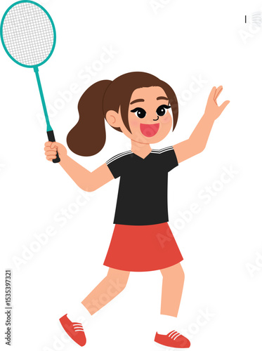 smile girl character playing badminton, children athletic hitting a shuttlecock , game day, sport competition illustration
