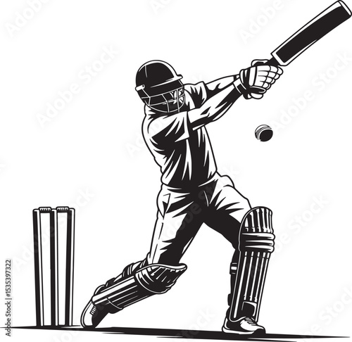 Silhouette of Cricket Player Batting – Black and White Design
