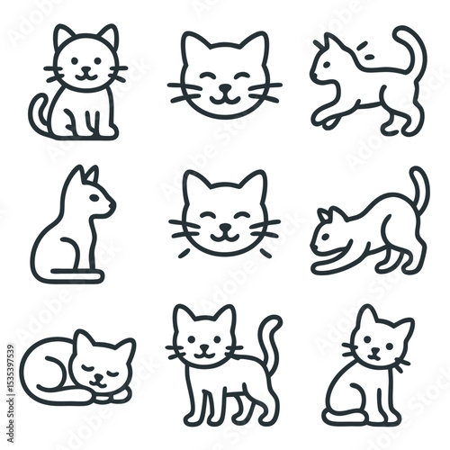 Cat nine adorable line drawings depict cute simple kitty cats.