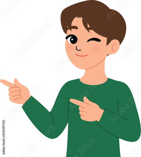 friendly man making presenting hand , smile male pointing finger up illustration