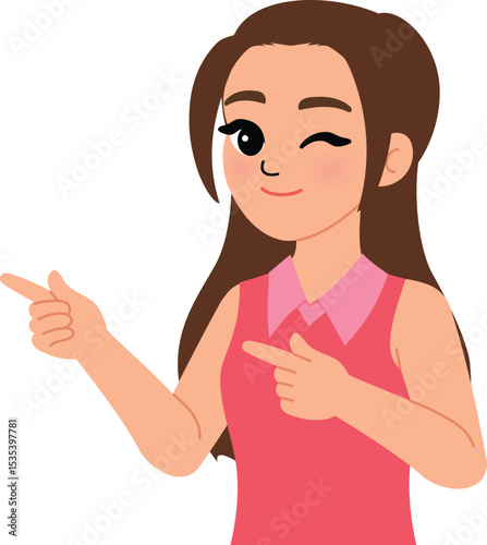 friendly woman making presenting hand , smile female pointing finger up illustration