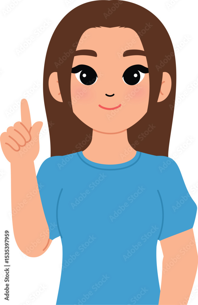 friendly woman making pointing finger, smile female finger up gesture illustration friendly woman making pointing finger, smile female finger up gesture illustration