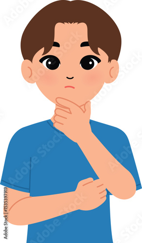 friendly man making pointing wondering , smile male hand on chin and curious illustration