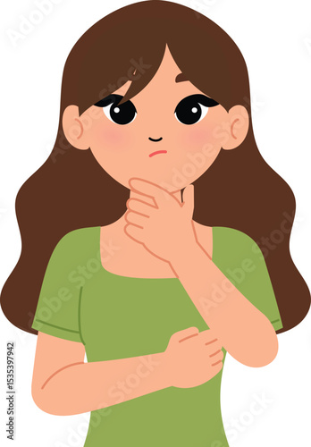 friendly woman making pointing wondering , smile female hand on chin and curious illustration