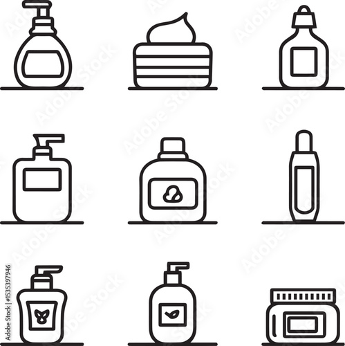 Skincare Product Line Icons. Lotion, Cream, Bottle, and Jar Vector Set