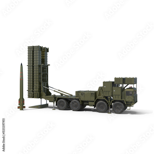 Mobile Air Defense System G03 and G04 with Missile Surface-to-Air Rocket Launcher Vehicle, isolated on a white background, 3D Render. Anti-aircraft military vehicle