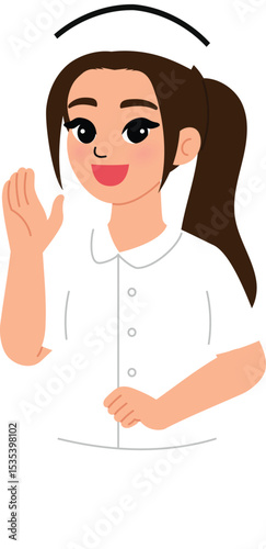cute nurse character with white uniform telling,  smile female hospital staff presenting gesture illustration 