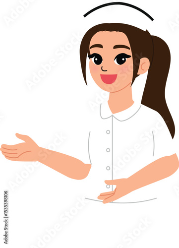 cute nurse character with white uniform pointing hand,  smile female hospital staff presenting gesture illustration 