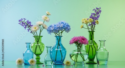 An arrangement of flowers in assorted glass vases, set against a color gradient backdrop of blue and green.