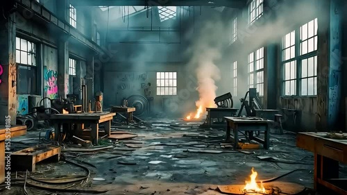 Abandoned industrial workshop with broken windows, tools, smoke, and fire remnants on messy concrete floor