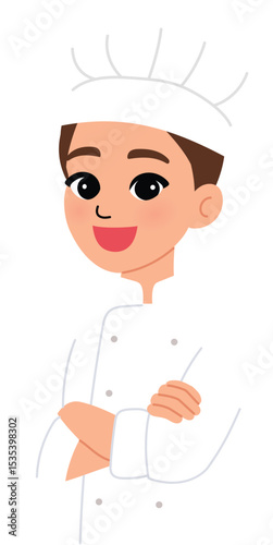 smile man wear chef uniform confident, happy chef character cross arm over chest illustration
