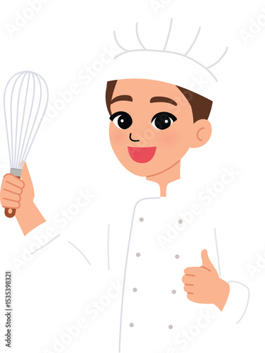 smile man wear chef uniform thumbs up, happy chef character hold whisk lustration