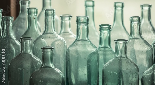 Close-up of numerous dusty, antique glass bottles of varying sizes and shapes, predominantly in shades of green and clear glass.
