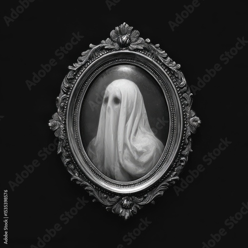 Victorian cameo portrait of a ghost, ornate frame, monochrome style