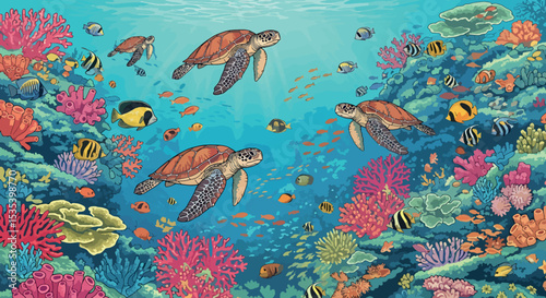 Underwater Sea Turtle and Coral Reef Vector Pattern