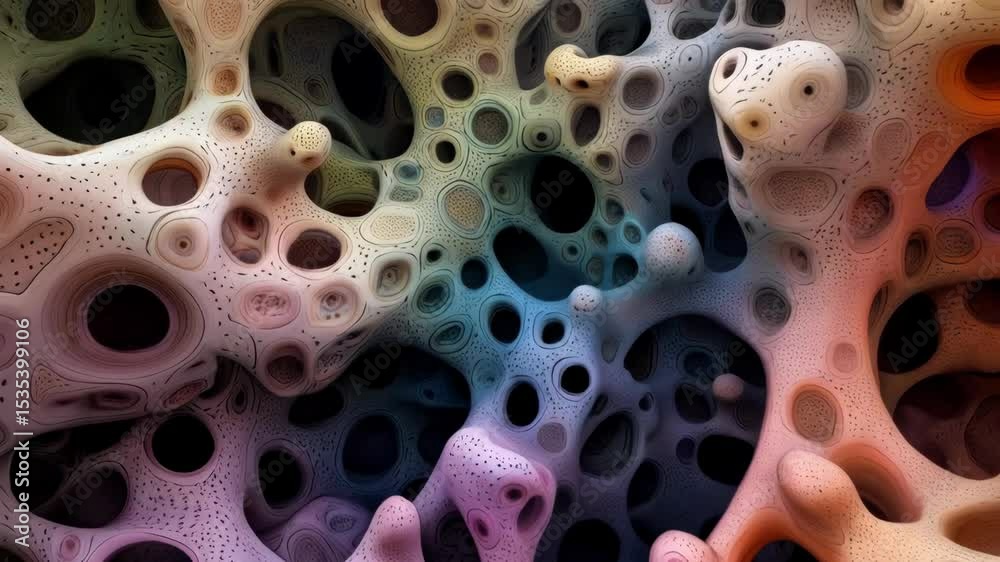 A complex, organic structure composed of interconnected, irregular shapes in various colors and textures.