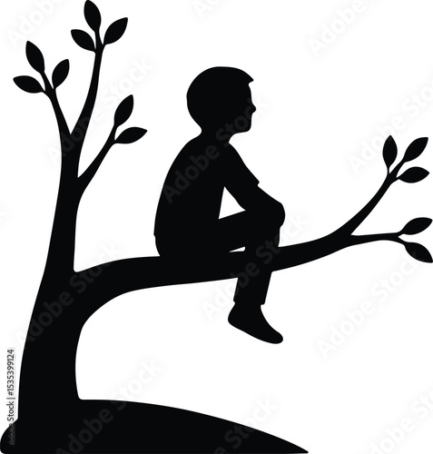 Silhouette boy sitting on tree branch black vector illustration