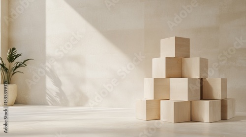 Minimalist Interior Design Stack of Light Wooden Cubes in Sunlit Room