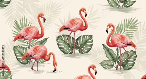Elegant Flamingo Seamless Pattern with Watercolor Effect