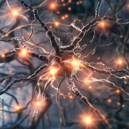 Close-up of a neuron with glowing synapses and branching dendrites, representing neural activity in a complex network .