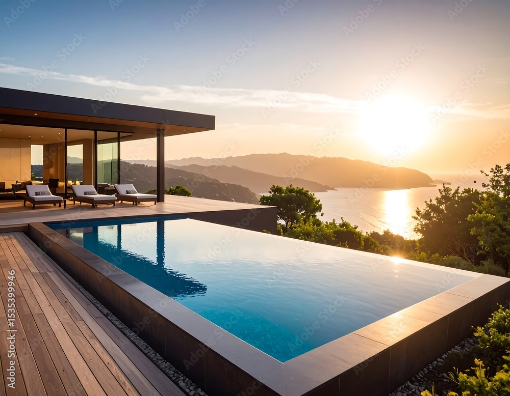 Fototapeta premium Modern house with pool overlooking ocean sunset