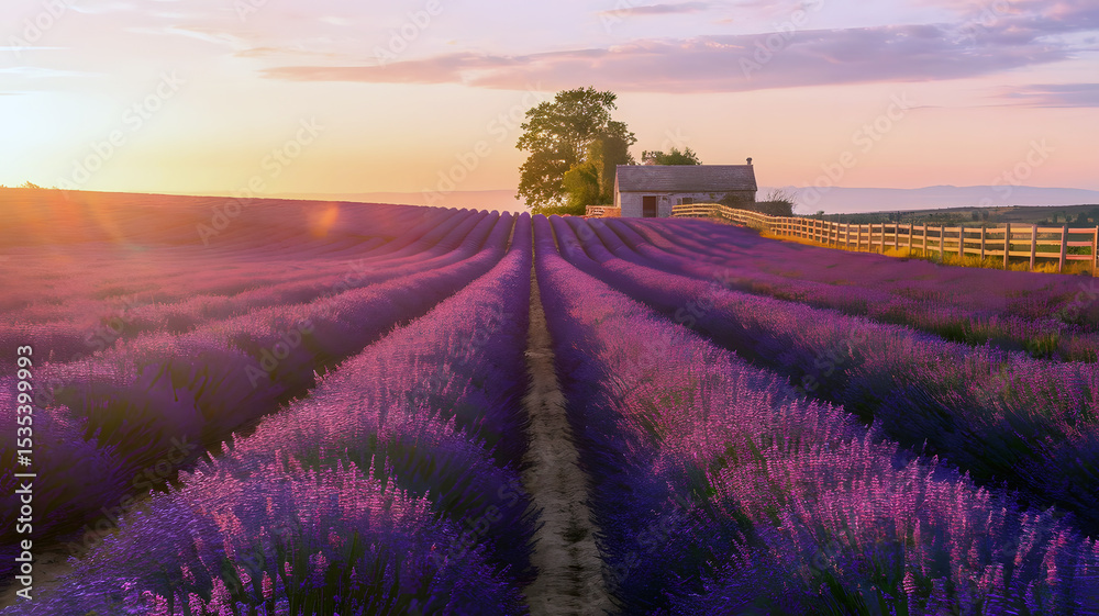 Obraz premium An image of endless rows of vibrant purple lavender fields stretching towards the horizon, bathed in
