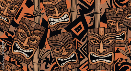 Tribal Tiki Mask and Bamboo Tropical Pattern