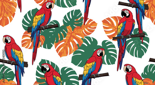 Colorful Macaw Parrot and Philodendron Leaf Pattern