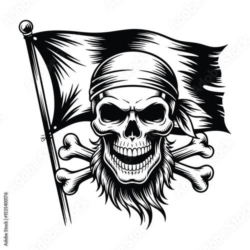 Detailed Pirate Flag Vector with Skull, Bandana, and Crossbones in Monochrome Style

