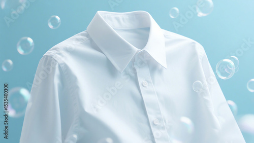 A crisp white shirt is shown with bubbles in the background