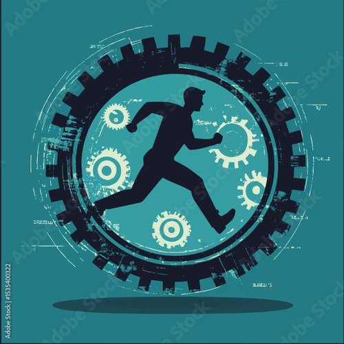Worker running inside of a cogwheel, vector style simple color