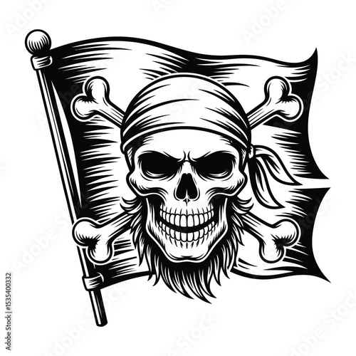 Detailed Pirate Flag Vector with Skull, Bandana, and Crossbones in Monochrome Style

