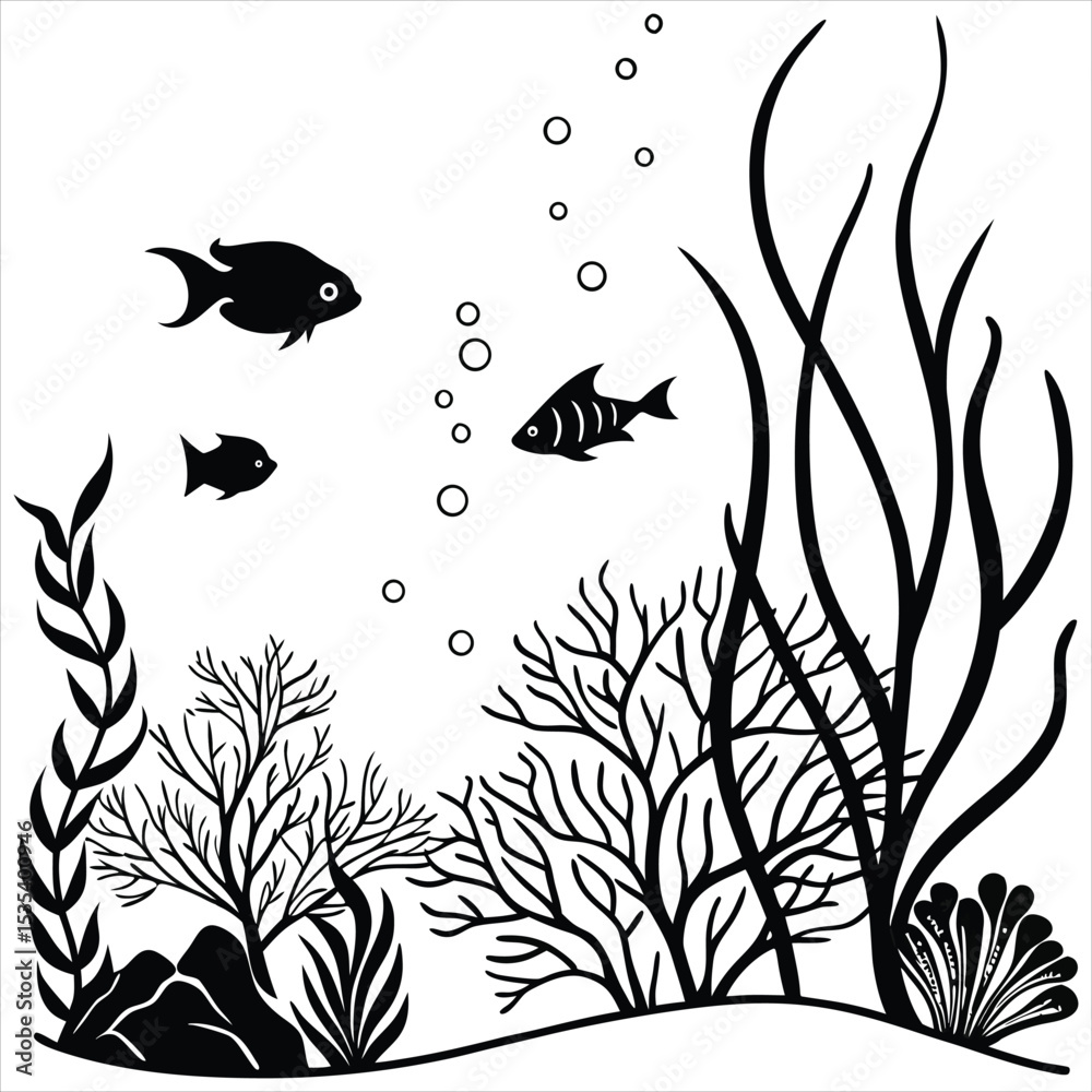 Fototapeta premium Simple Black and White Underwater Scene with Fish and Coral