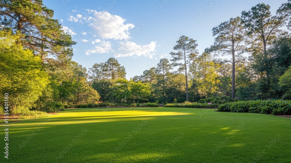 Obraz premium Lush Green Lawn Surrounded by Trees and Blue Sky in a Tranquil Garden Setting, Perfect for Outdoor Activities and Relaxation in Nature's Embrace