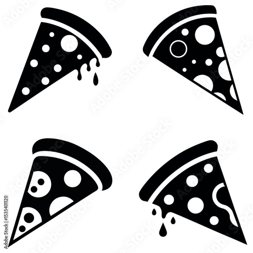 Black and White Pizza Slice Icons with Various Topping Arrangements on White Background