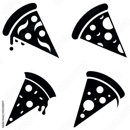 Four Black and White Pizza Slices with Varying Toppings and Melted Cheese Graphics