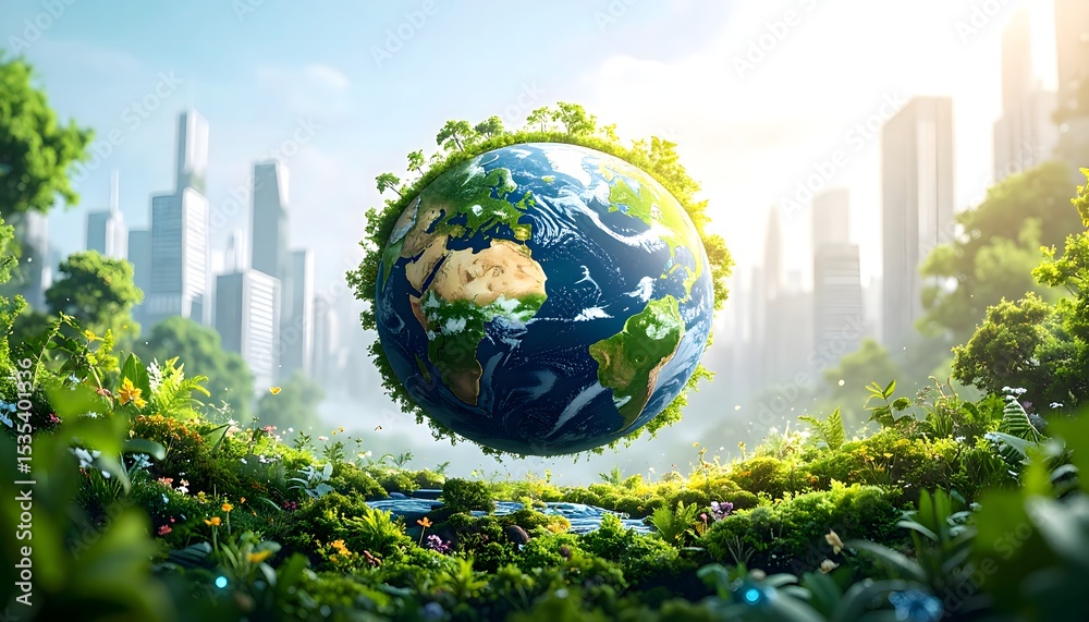 A lush globe overgrown with glowing plants and clear waters, set against futuristic architecture, symbolizing a healed, thriving Earth. A lush globe overgrown with glowing plants and clear waters, set against futuristic architecture, symbolizing a healed, thriving Earth.