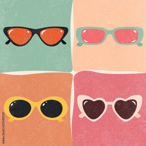 Retro Background with Glasses, Summer, Flat Illustration, Sunglasses, Grunge Texture, Colorful Vintage, Vector