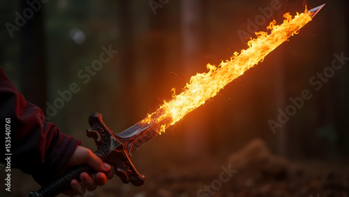 A hand holding a flaming sword in a dark forest area