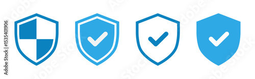 Security shield icons, blue and white protection badges with check mark and quadrant design, flat style set for antivirus, privacy, approval, secure access, vector illustration.