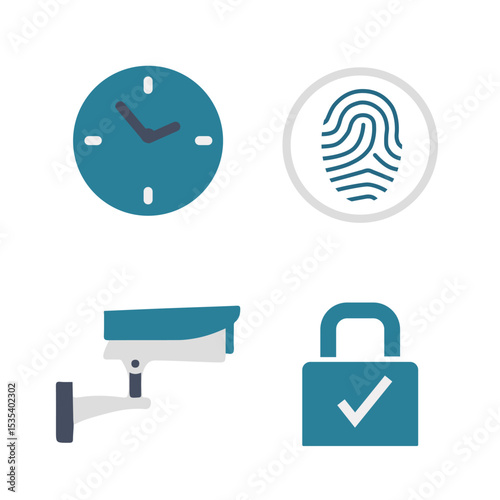Vector colored illustration of office systems icon. Set of office and system stock vector illustration. Clock, fingerprint, security camera and lock icons.