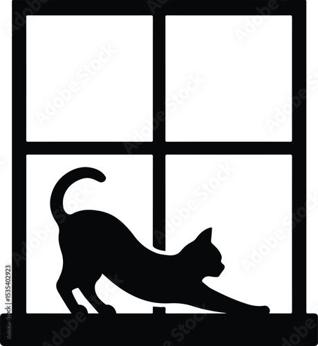Silhouette cat stretching in window flat design vector illustration