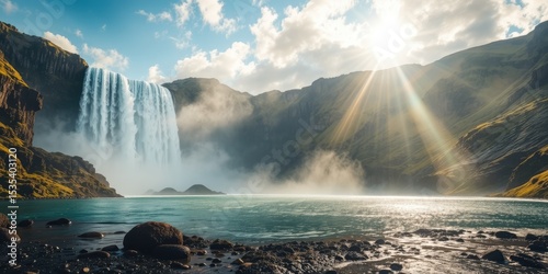Majestic Icelandic Waterfall, Rainbow, Calm Pool