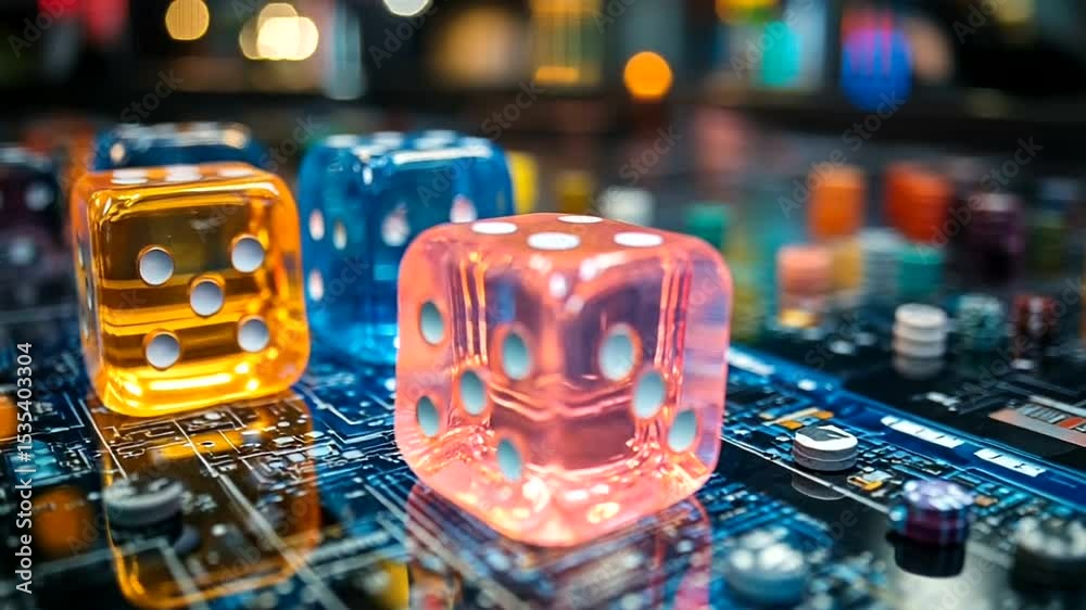 Colorful dice on a circuit board