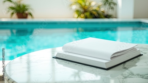 Modern Mockup Book on Marble Table, Swimming Pool View