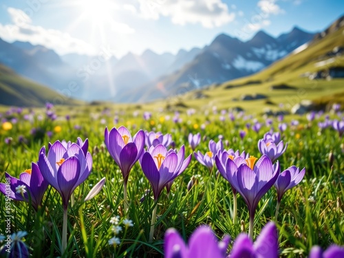 Mountain Crocuses in Golden Sunlight Closeup